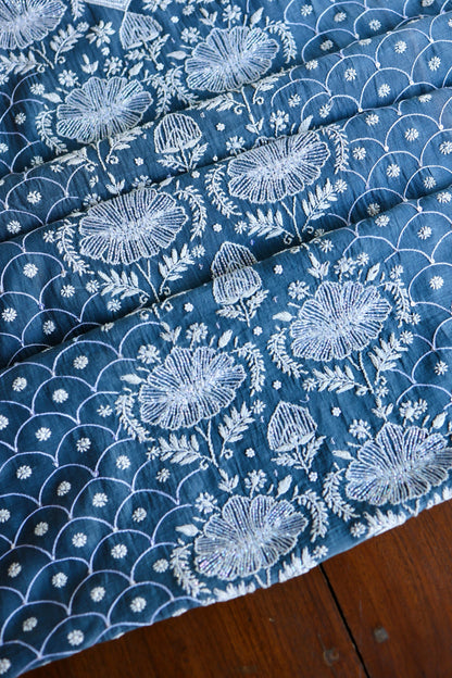 Dusky Blue Shade Malmal Pearl Work Chikankari Fabric