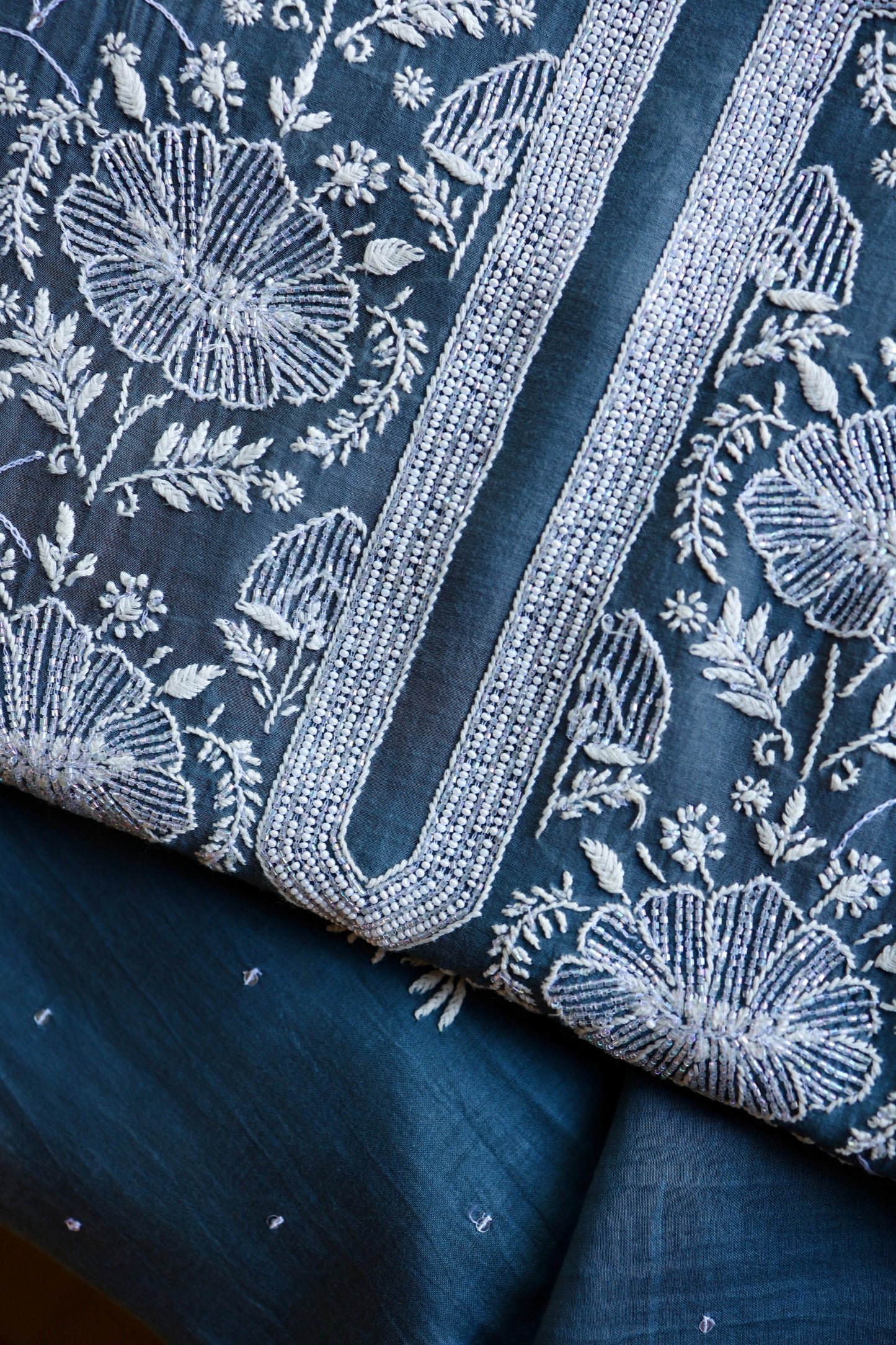 Dusky Blue Shade Malmal Pearl Work Chikankari Fabric