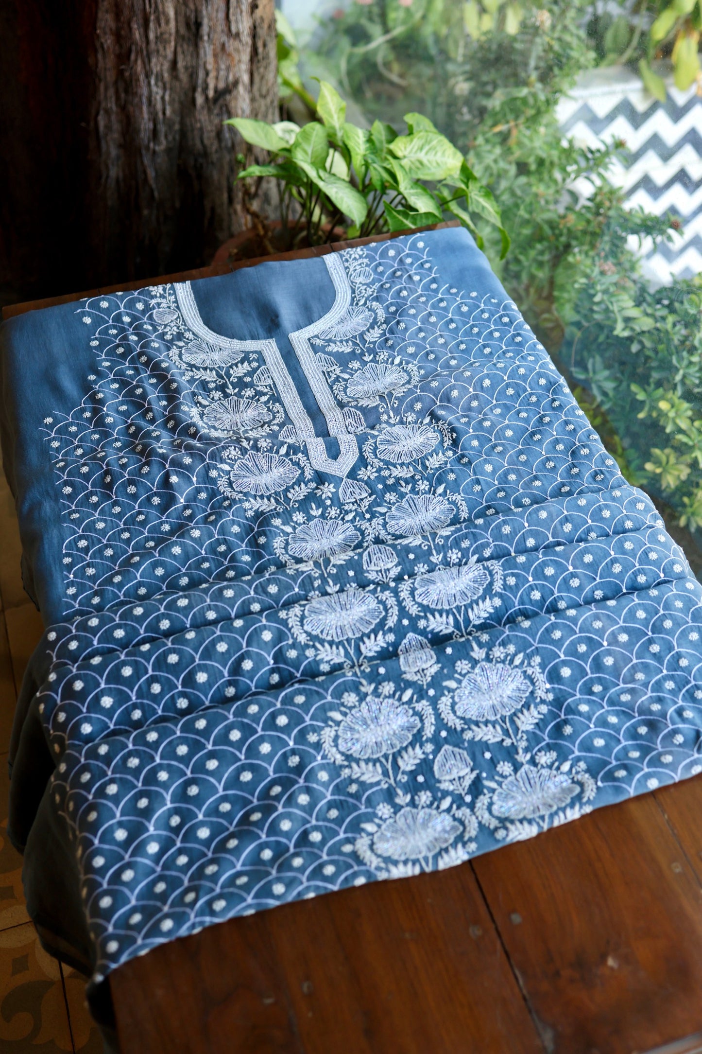 Dusky Blue Shade Malmal Pearl Work Chikankari Fabric