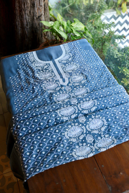 Dusky Blue Shade Malmal Pearl Work Chikankari Fabric