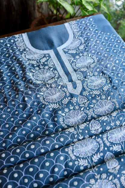 Dusky Blue Shade Malmal Pearl Work Chikankari Fabric