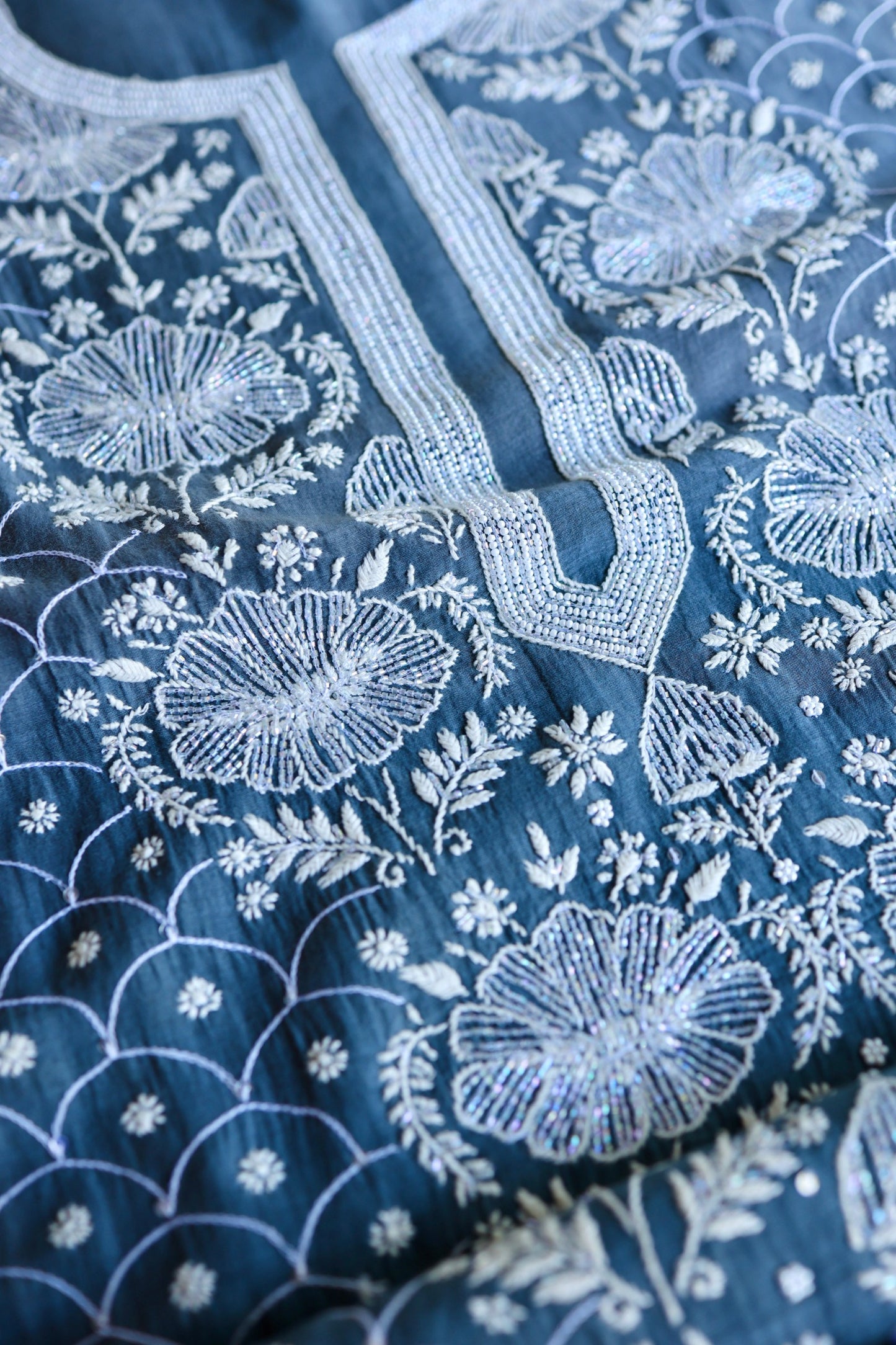 Dusky Blue Shade Malmal Pearl Work Chikankari Fabric