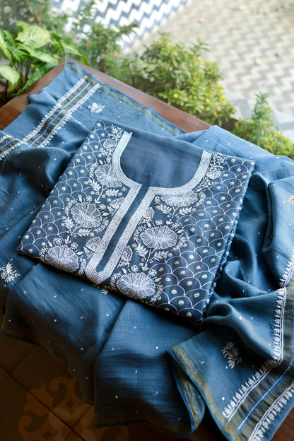 Dusky Blue Shade Malmal Pearl Work Chikankari Fabric