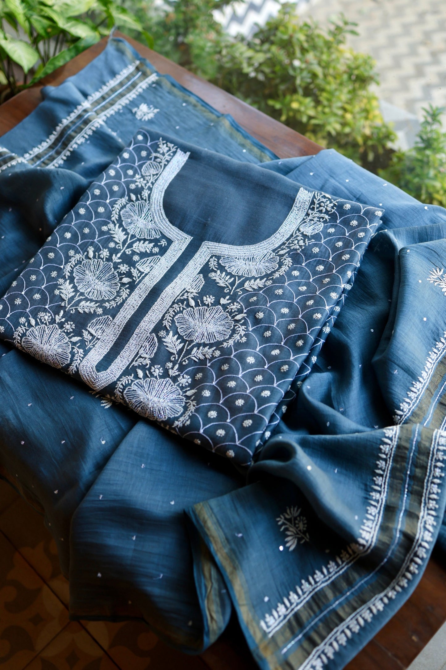 Dusky Blue Shade Malmal Pearl Work Chikankari Fabric