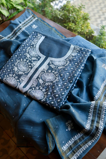 Dusky Blue Shade Malmal Pearl Work Chikankari Fabric