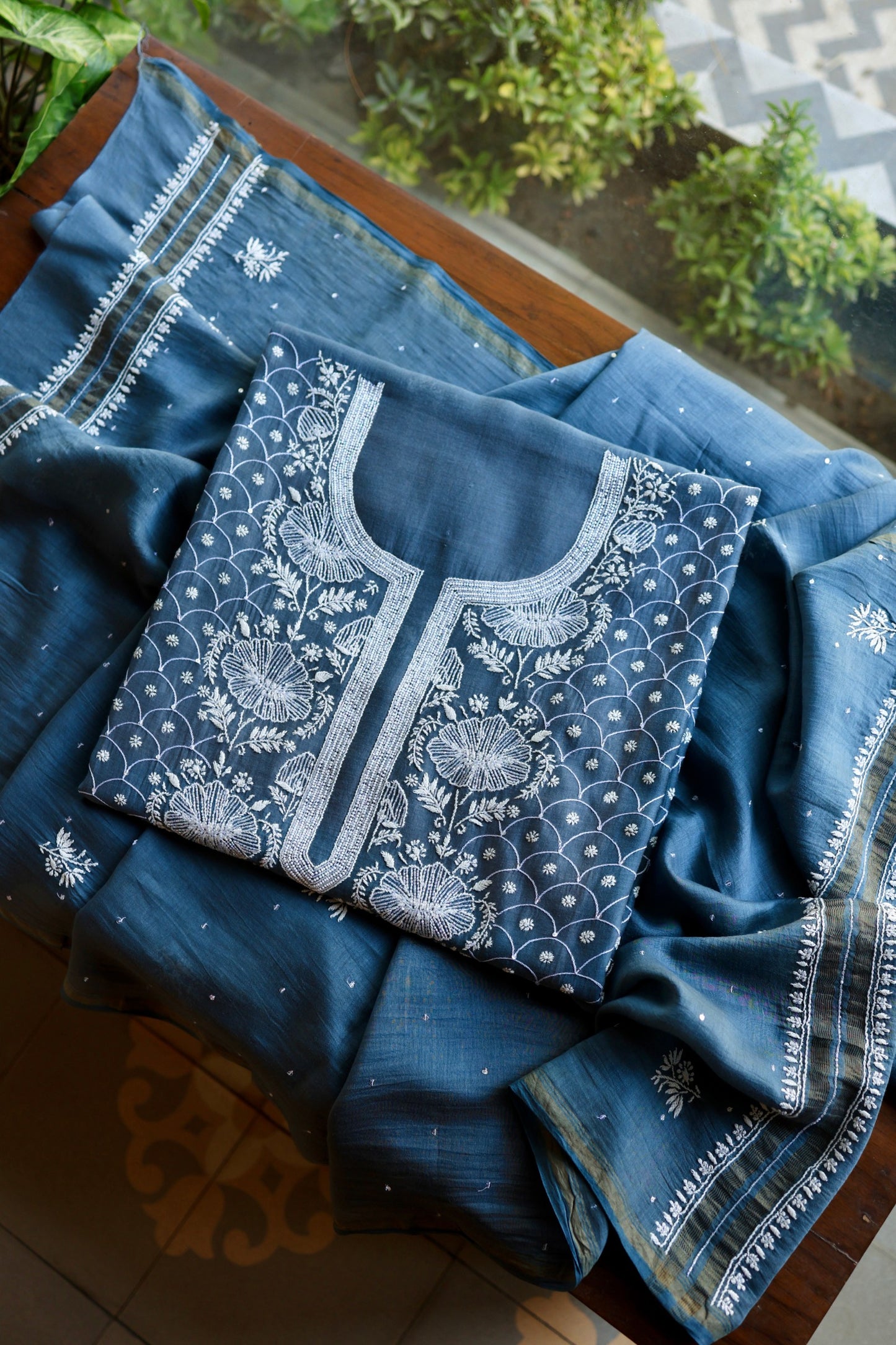 Dusky Blue Shade Malmal Pearl Work Chikankari Fabric