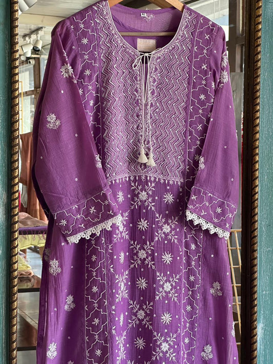 Dusky Purple Malmal Pearl Work Chikankari Kurta With Dupatta