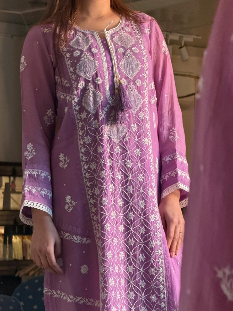 Dusky Purple Malmal Pearl Work Chikankari Kurta With Dupatta