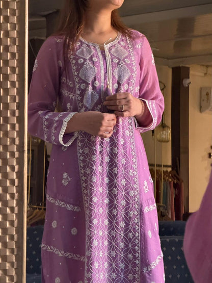 Dusky Purple Malmal Pearl Work Chikankari Kurta With Dupatta