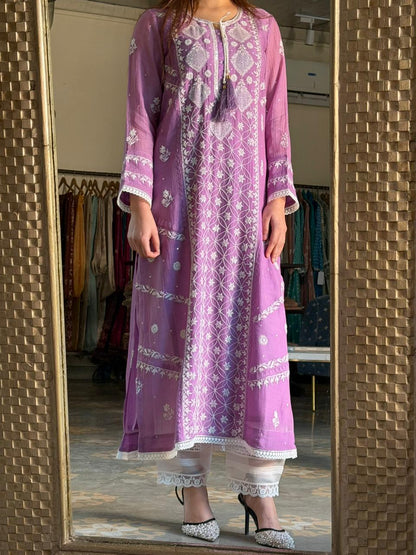 Dusky Purple Malmal Pearl Work Chikankari Kurta With Dupatta