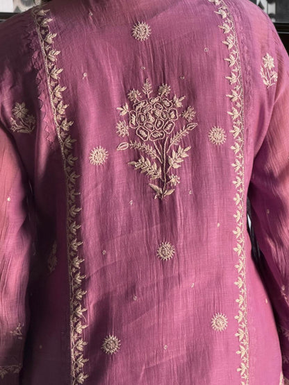 Dusky Purple Malmal Pearl Work Chikankari Kurta With Dupatta