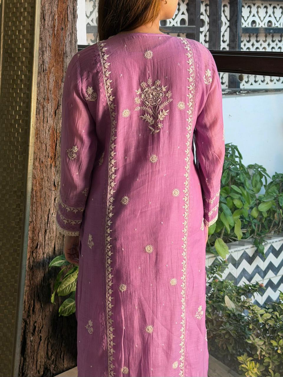 Dusky Purple Malmal Pearl Work Chikankari Kurta With Dupatta