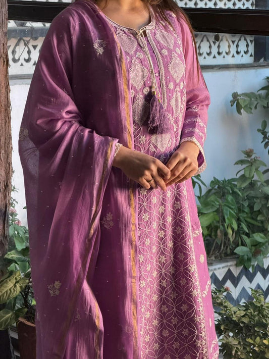 Dusky Purple Malmal Pearl Work Chikankari Kurta With Dupatta