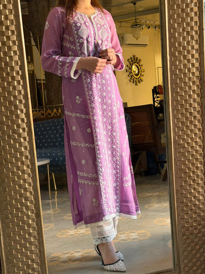 Dusky Purple Malmal Pearl Work Chikankari Kurta With Dupatta