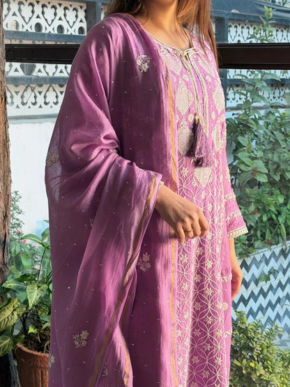 Dusky Purple Malmal Pearl Work Chikankari Kurta With Dupatta