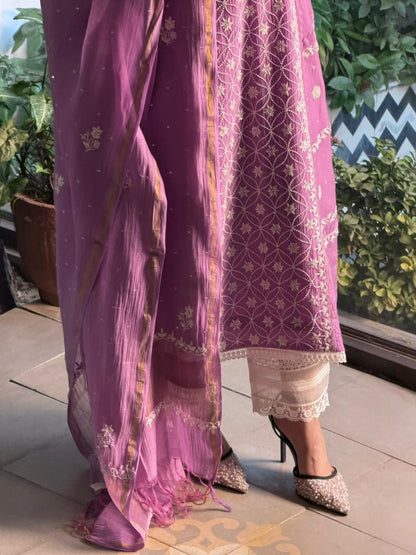 Dusky Purple Malmal Pearl Work Chikankari Kurta With Dupatta