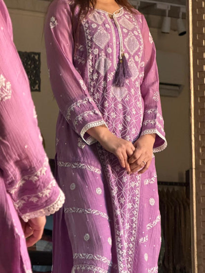 Dusky Purple Malmal Pearl Work Chikankari Kurta With Dupatta