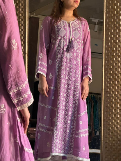 Dusky Purple Malmal Pearl Work Chikankari Kurta With Dupatta