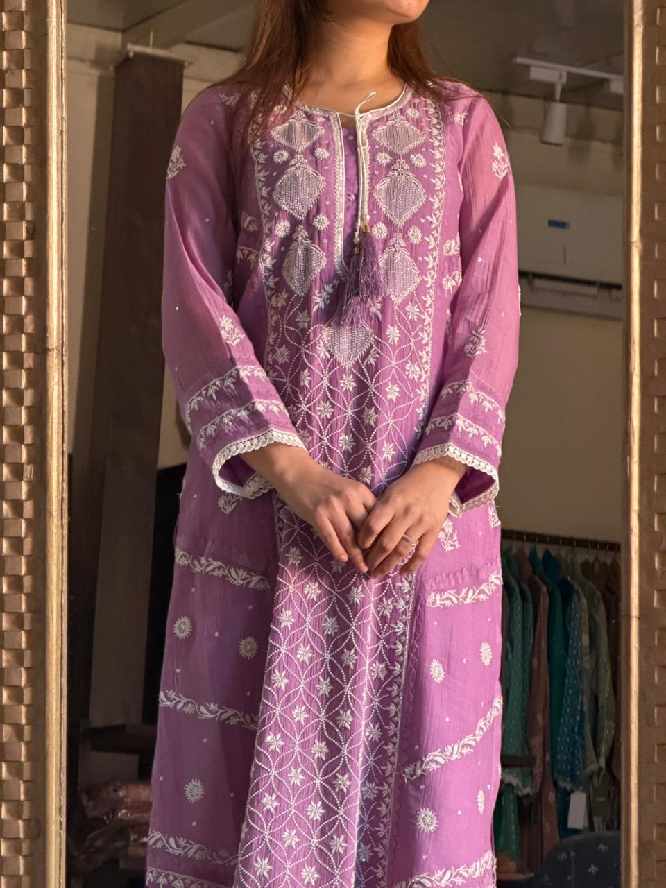 Dusky Purple Malmal Pearl Work Chikankari Kurta With Dupatta