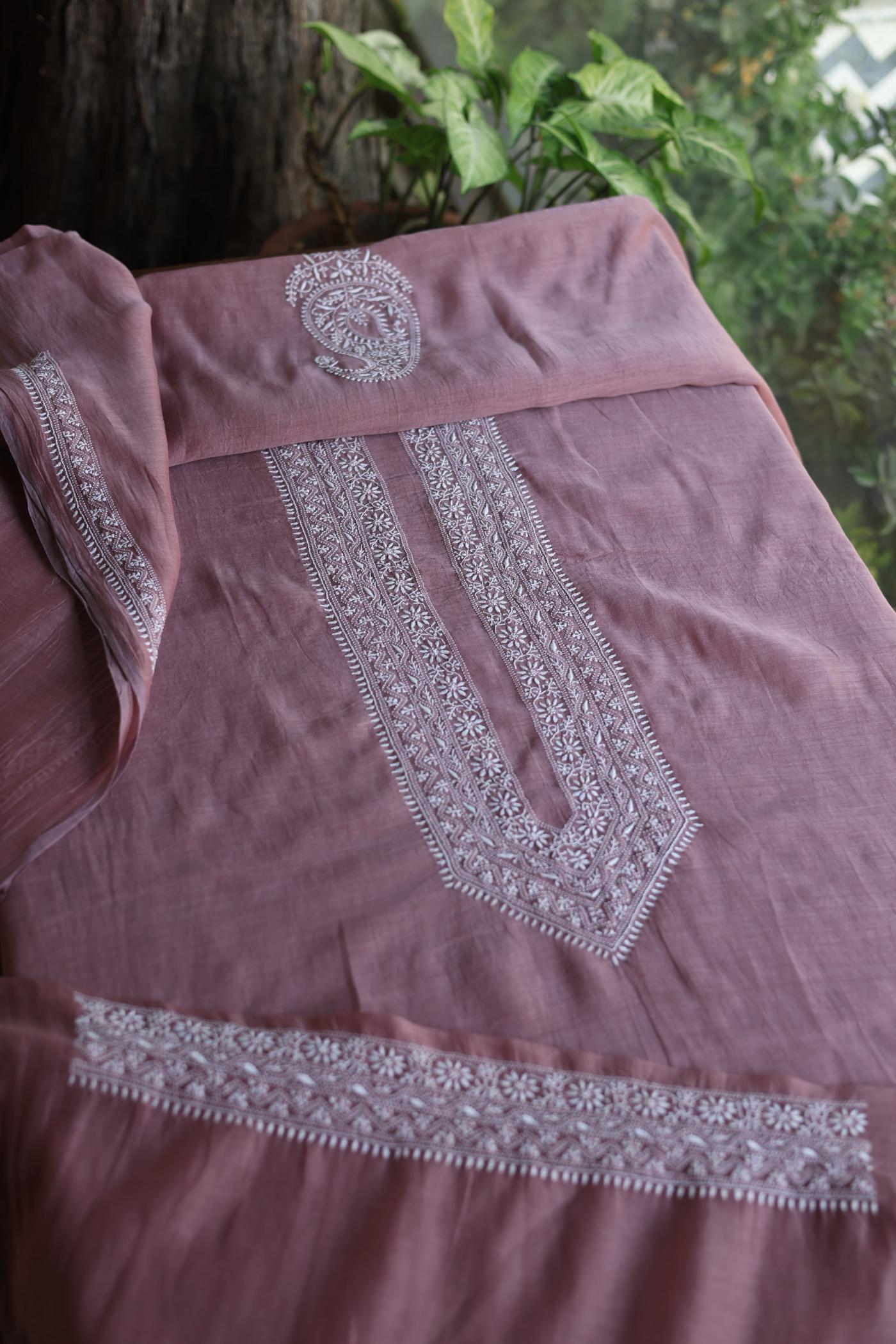 Dusky Purple Mulmul Chikankari Unstitched Men's Kurtas Fabric