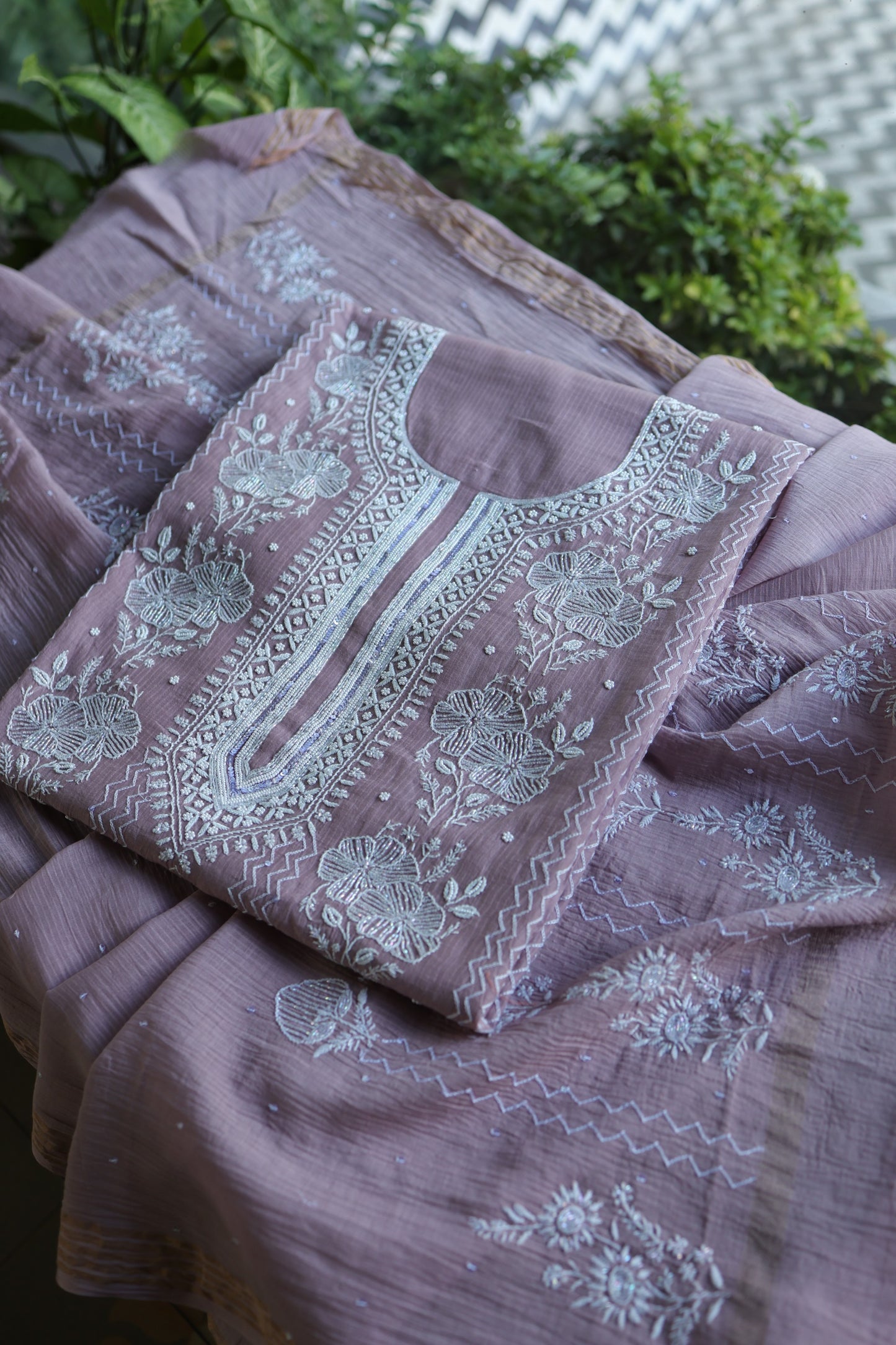 Dusky Purple Pearl Work Chikankari Unstitched Fabric
