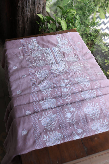 Dusky Purple Pearl Work Chikankari Unstitched Fabric