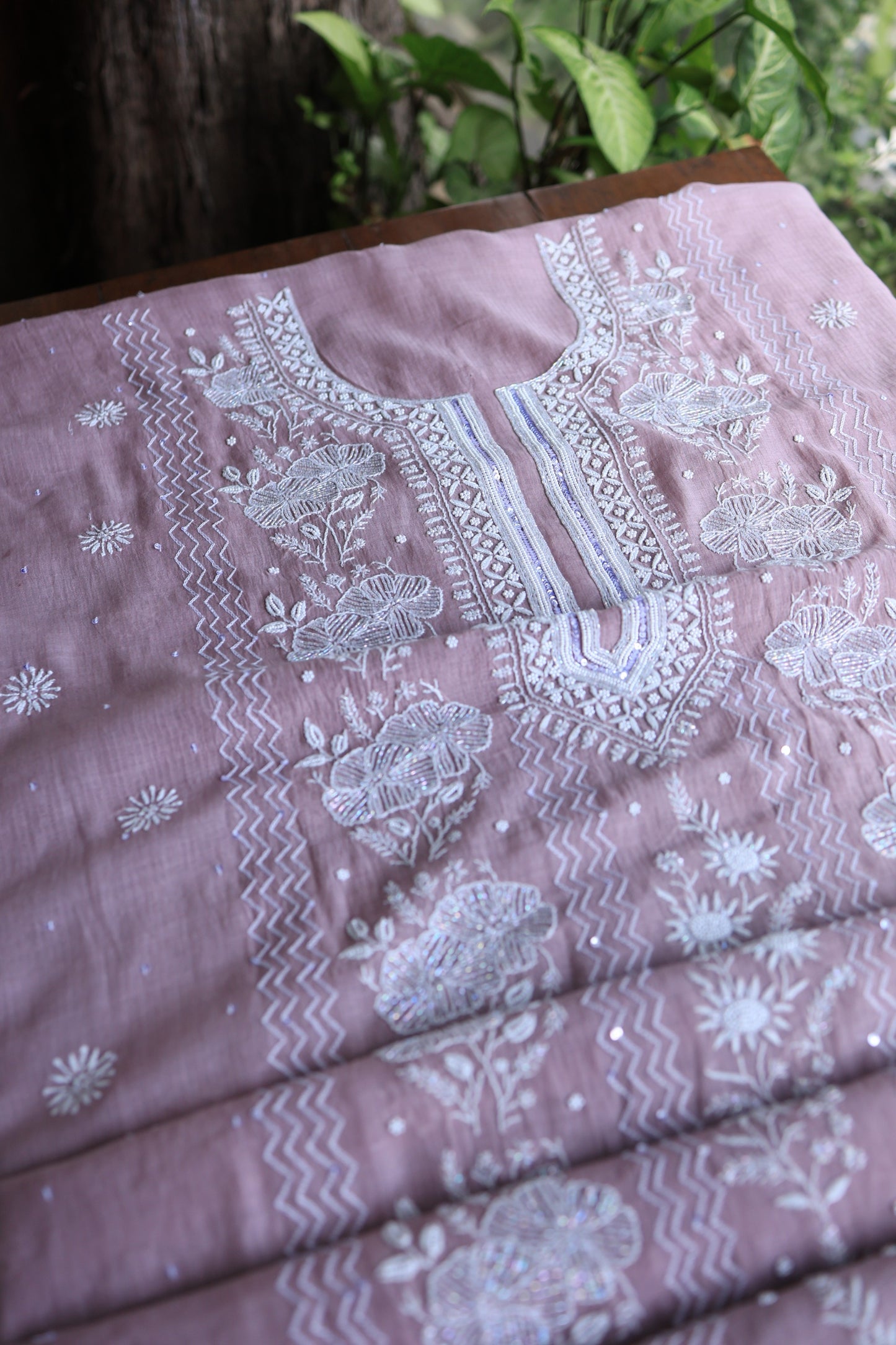 Dusky Purple Pearl Work Chikankari Unstitched Fabric