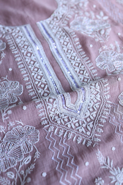 Dusky Purple Pearl Work Chikankari Unstitched Fabric