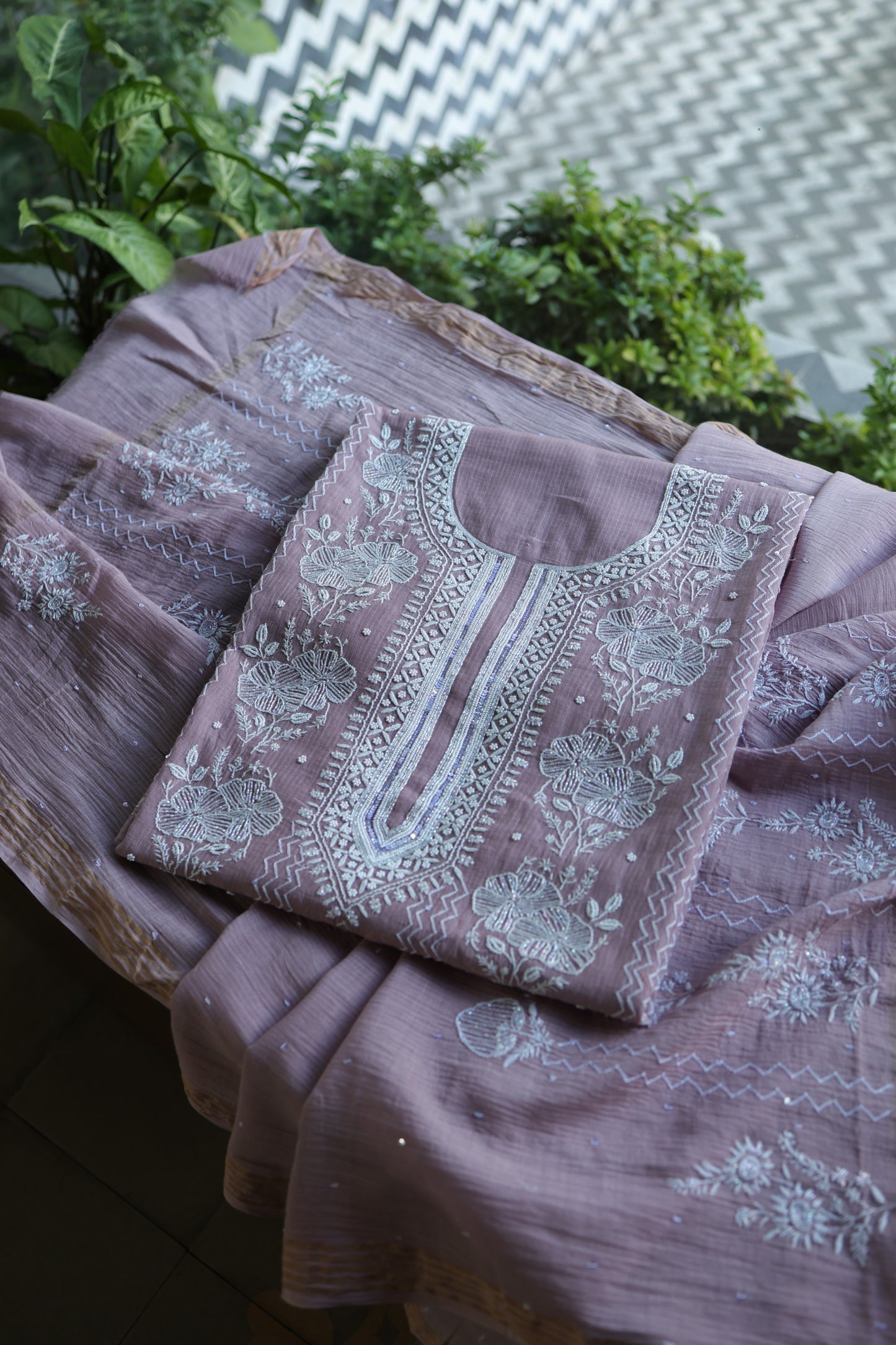 Dusky Purple Pearl Work Chikankari Unstitched Fabric