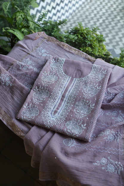 Dusky Purple Pearl Work Chikankari Unstitched Fabric