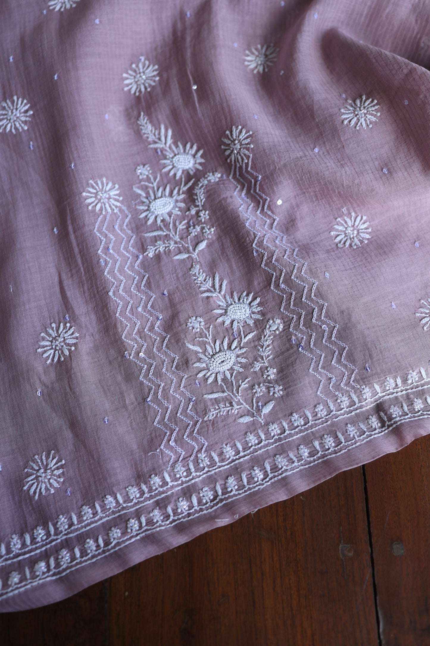 Dusky Purple Pearl Work Chikankari Unstitched Fabric