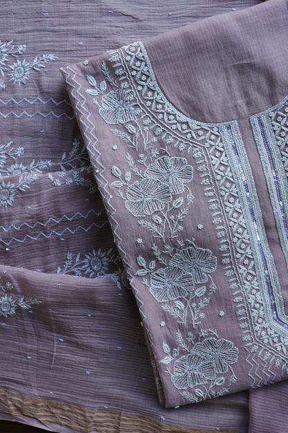 Dusky Purple Pearl Work Chikankari Unstitched Fabric