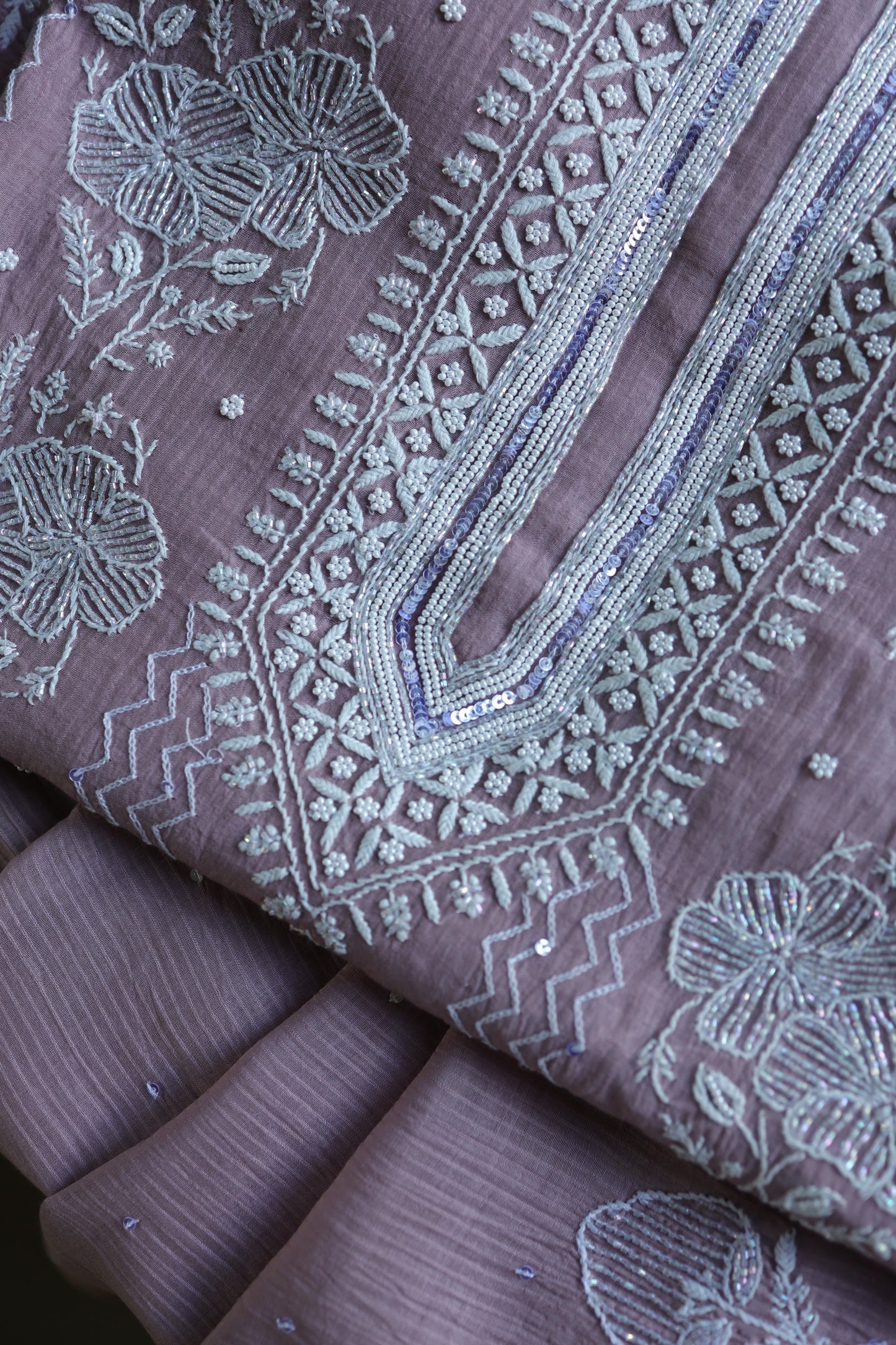Dusky Purple Pearl Work Chikankari Unstitched Fabric