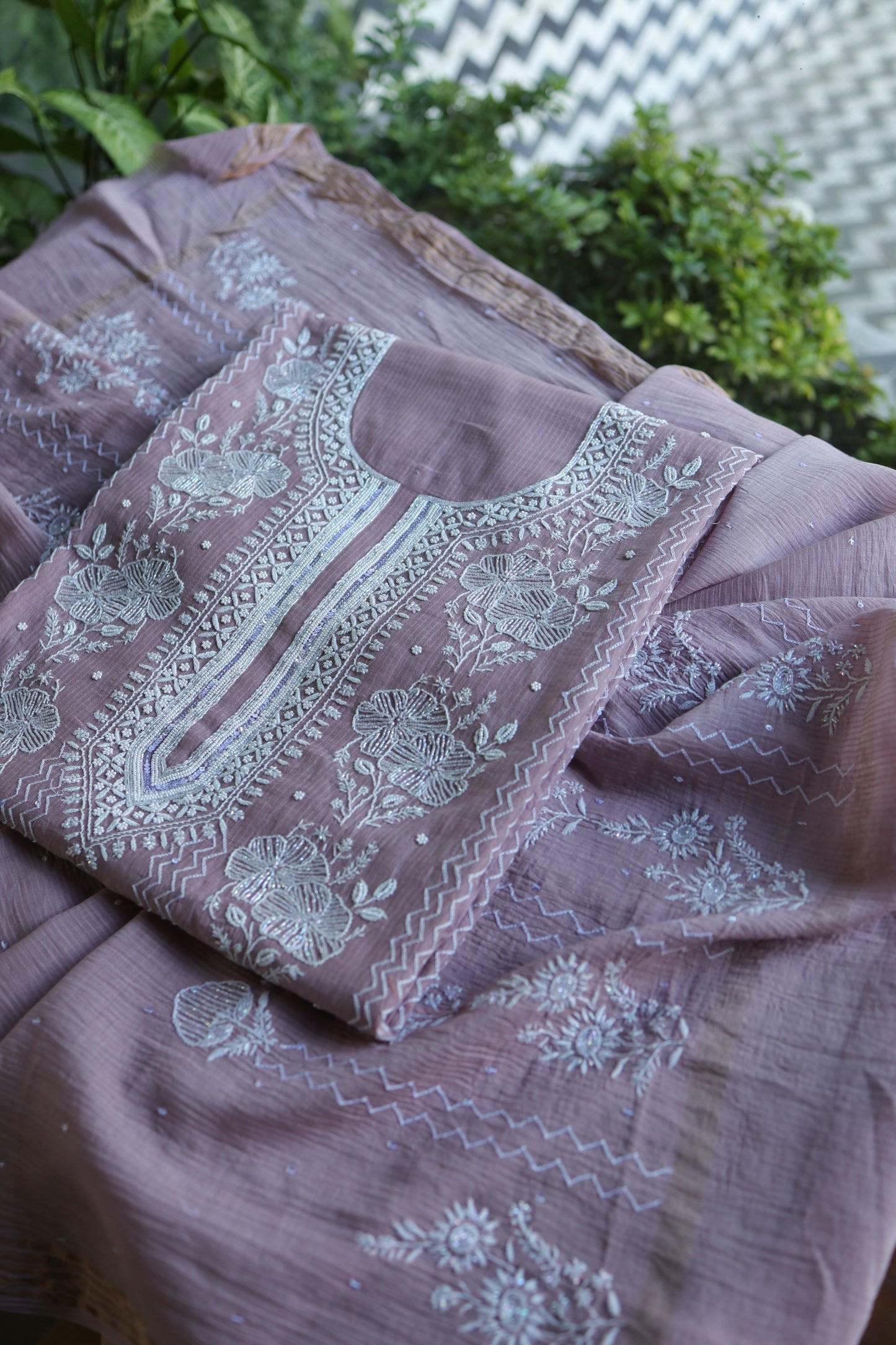Dusky Purple Pearl Work Chikankari Unstitched Fabric