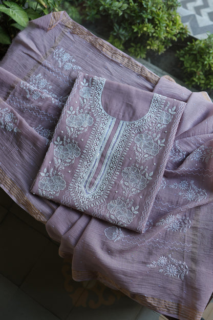Dusky Purple Pearl Work Chikankari Unstitched Fabric