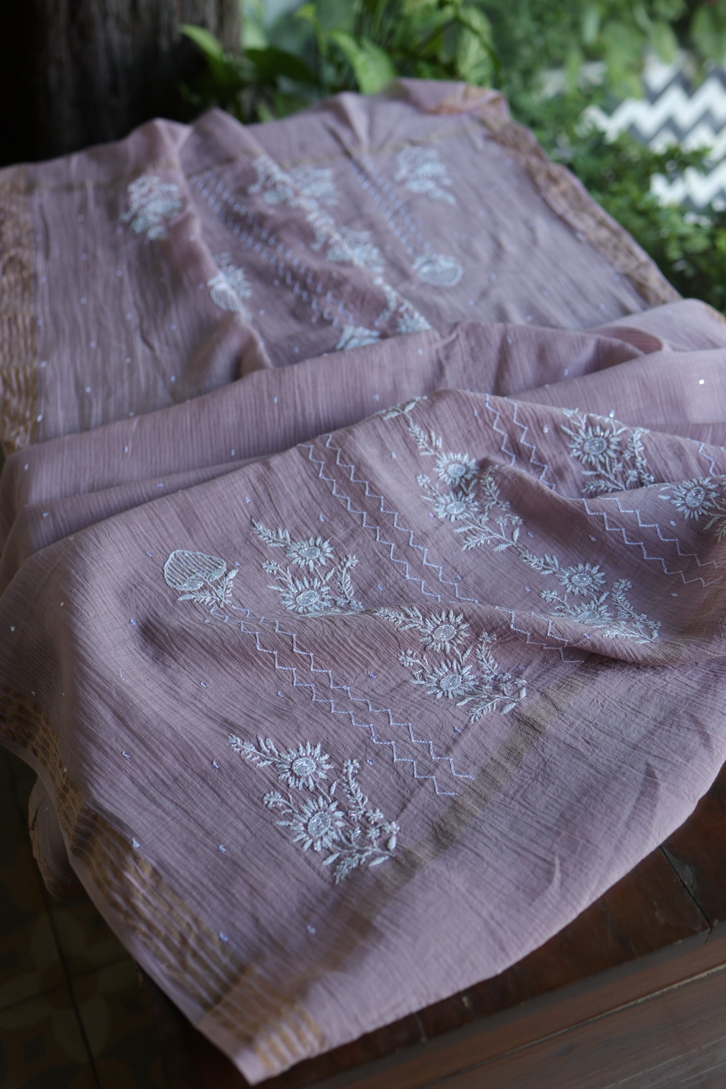 Dusky Purple Pearl Work Chikankari Unstitched Fabric
