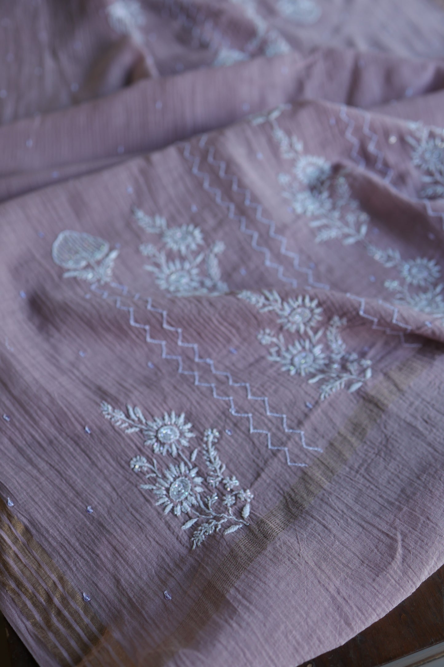 Dusky Purple Pearl Work Chikankari Unstitched Fabric