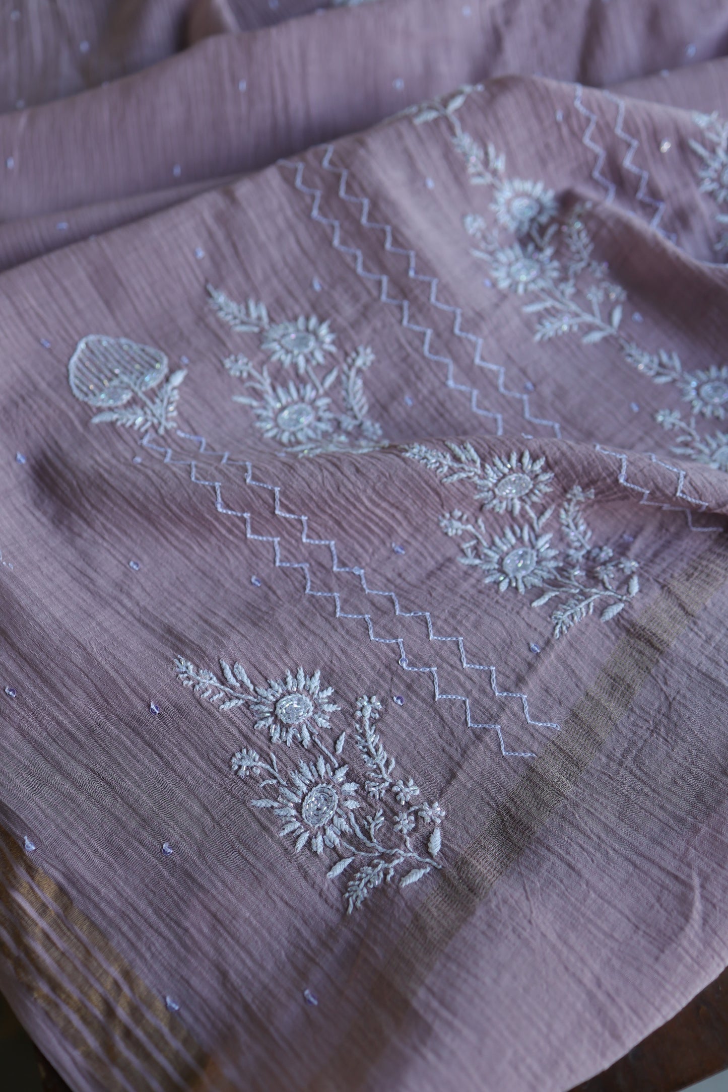 Dusky Purple Pearl Work Chikankari Unstitched Fabric