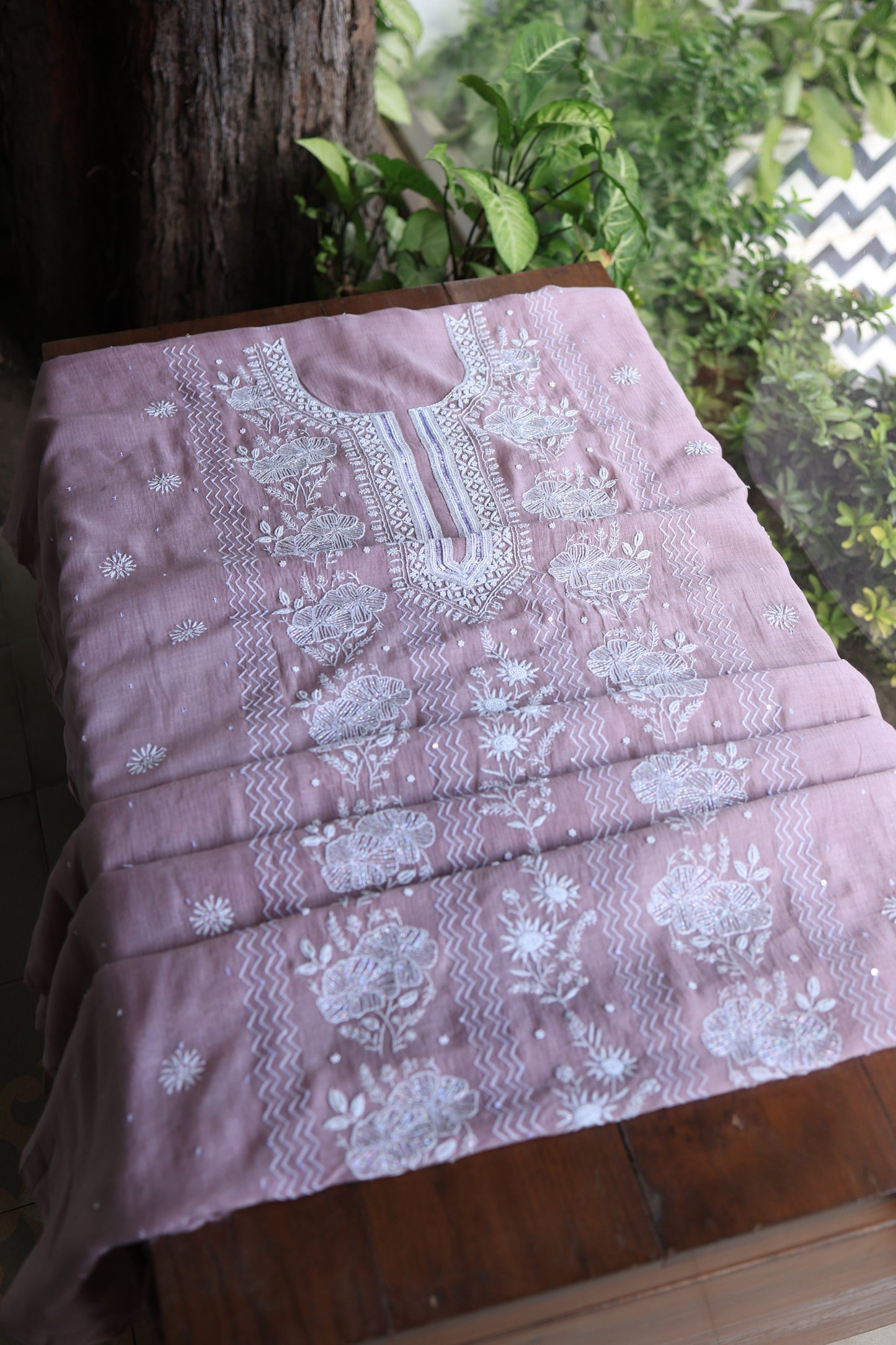 Dusky Purple Pearl Work Chikankari Unstitched Fabric
