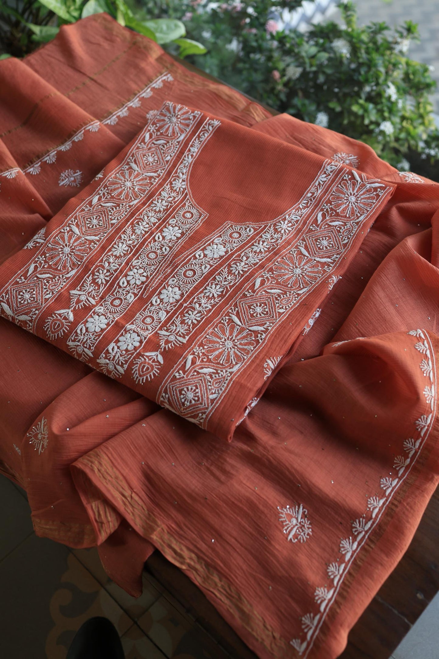 Dusky Rose Shade Mal Cotton Fine Chikankari With Kamdani Work Unstitched Fabric