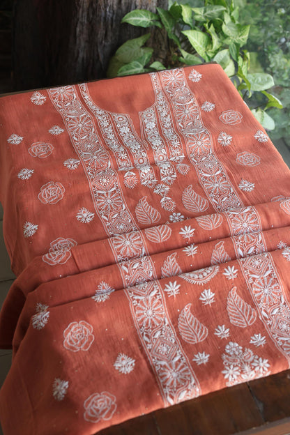 Dusky Rose Shade Mal Cotton Fine Chikankari With Kamdani Work Unstitched Fabric