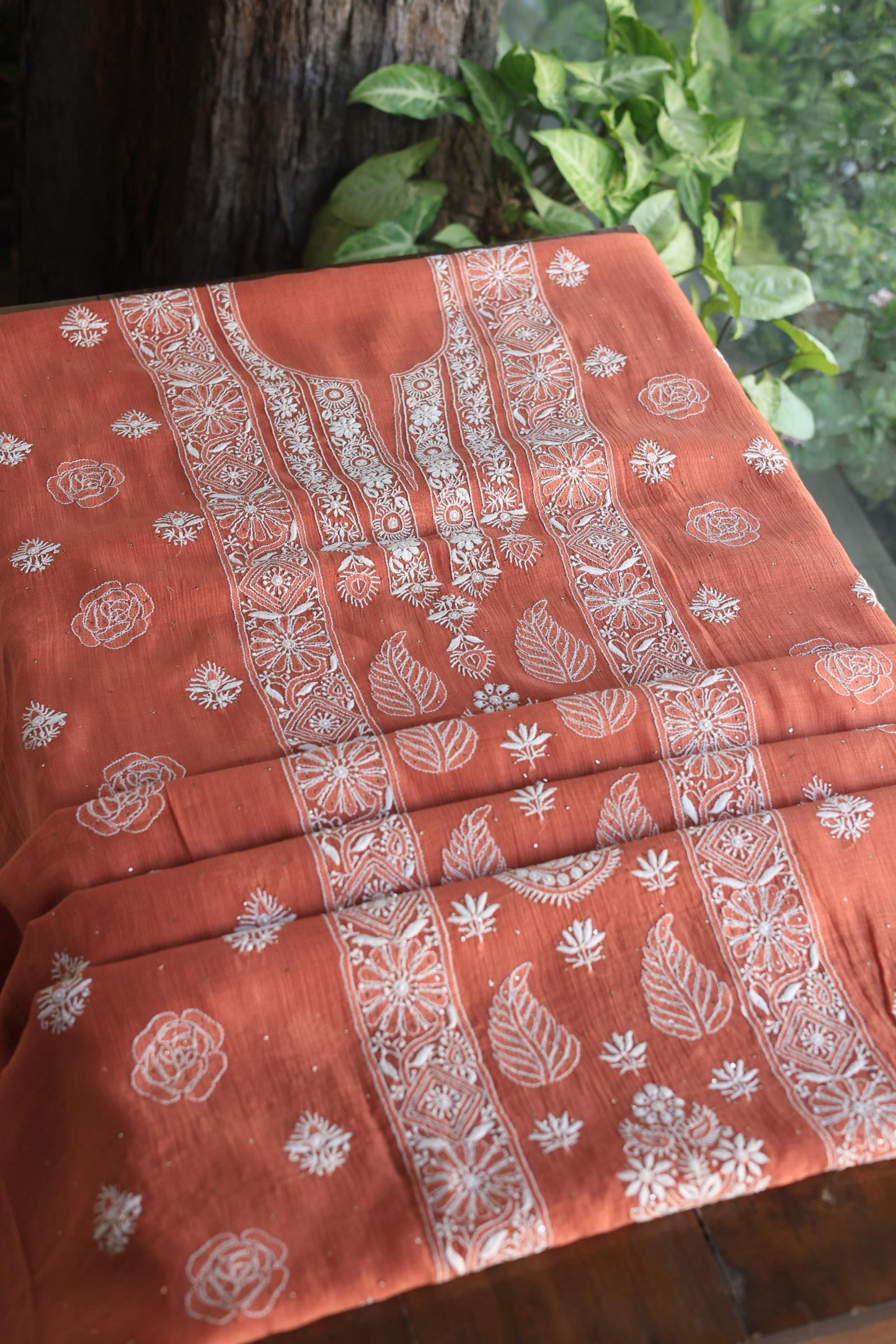 Dusky Rose Shade Mal Cotton Fine Chikankari With Kamdani Work Unstitched Fabric