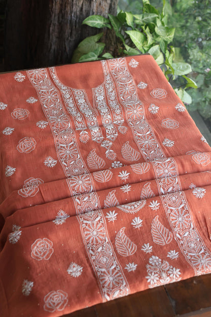 Dusky Rose Shade Mal Cotton Fine Chikankari With Kamdani Work Unstitched Fabric