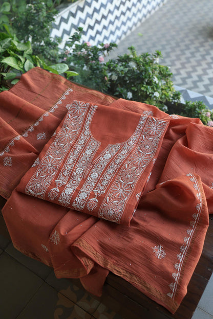 Dusky Rose Shade Mal Cotton Fine Chikankari With Kamdani Work Unstitched Fabric
