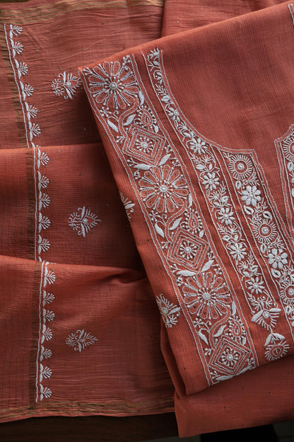 Dusky Rose Shade Mal Cotton Fine Chikankari With Kamdani Work Unstitched Fabric