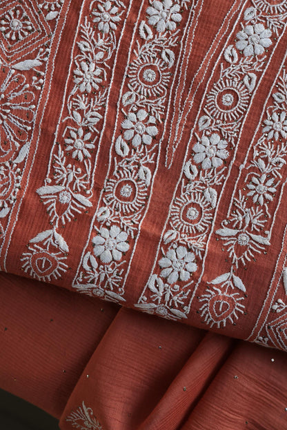 Dusky Rose Shade Mal Cotton Fine Chikankari With Kamdani Work Unstitched Fabric