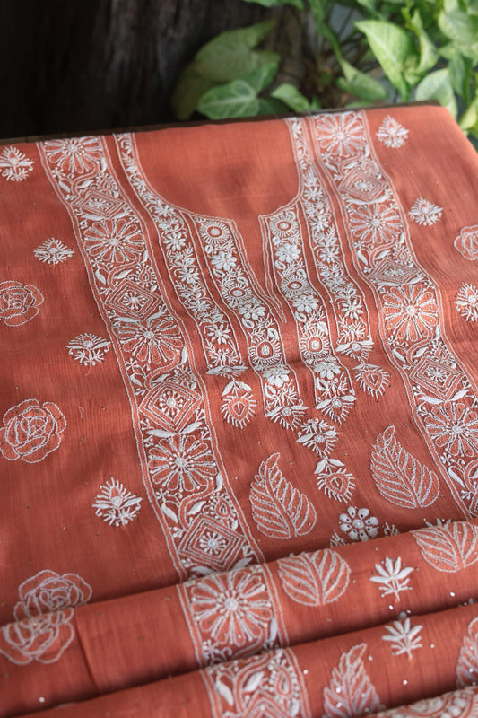 Dusky Rose Shade Mal Cotton Fine Chikankari With Kamdani Work Unstitched Fabric