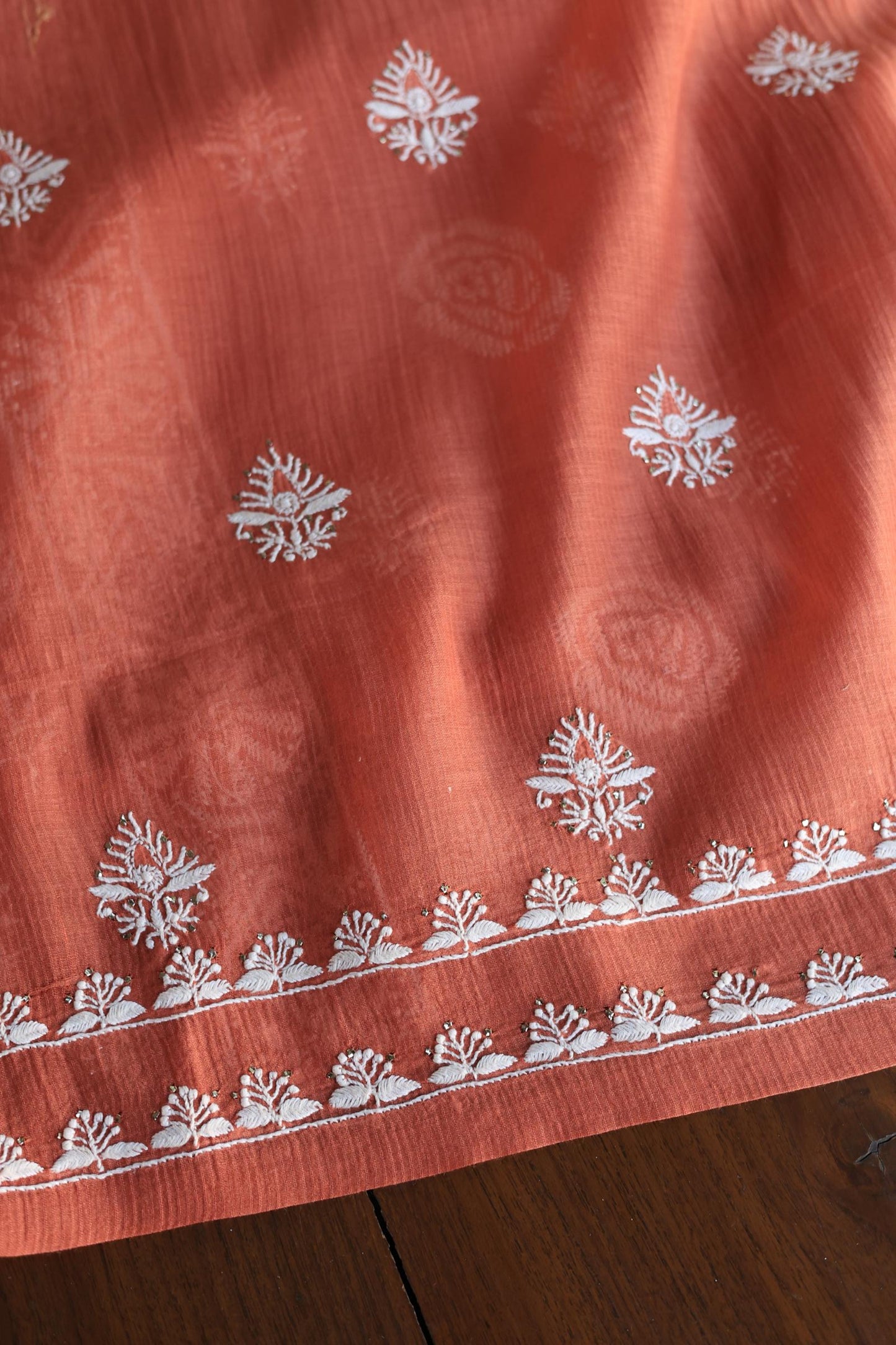 Dusky Rose Shade Mal Cotton Fine Chikankari With Kamdani Work Unstitched Fabric