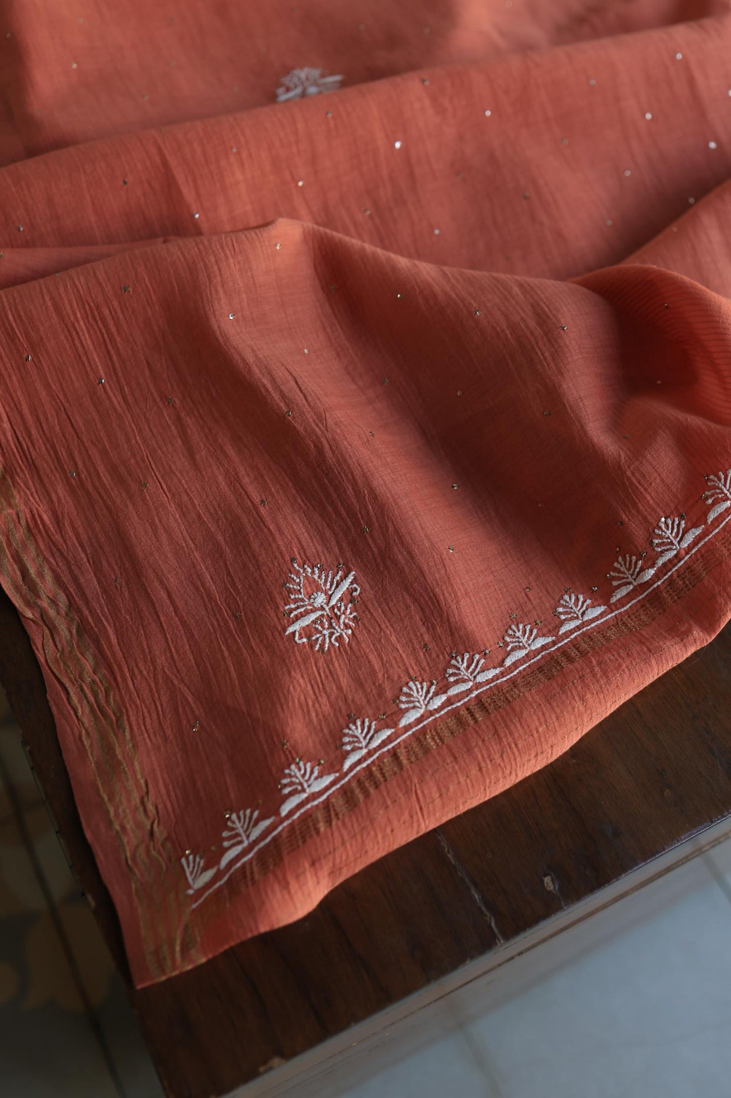Dusky Rose Shade Mal Cotton Fine Chikankari With Kamdani Work Unstitched Fabric