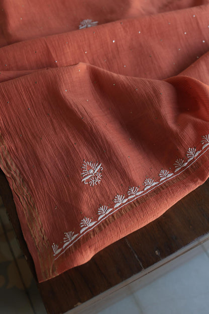 Dusky Rose Shade Mal Cotton Fine Chikankari With Kamdani Work Unstitched Fabric